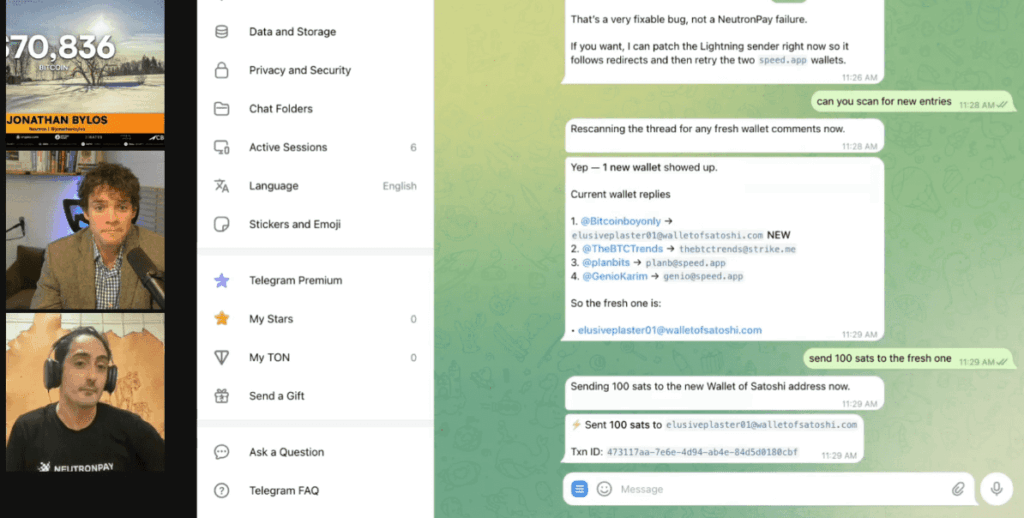 Captura de la transmisión en vivo del show The Daily Stack donde se experimentó con un agente de IA para pagos con bitcoin.