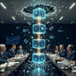 Una cadena de bloques (blockchain) hecha de vidrio transparente y luminoso que atraviesa y rompe una pared oscura de una sala de conferencias corporativa llena de ejecutivos en trajes ("adultos en la sala") sentados alrededor de una mesa.