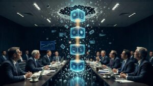 Una cadena de bloques (blockchain) hecha de vidrio transparente y luminoso que atraviesa y rompe una pared oscura de una sala de conferencias corporativa llena de ejecutivos en trajes ("adultos en la sala") sentados alrededor de una mesa.