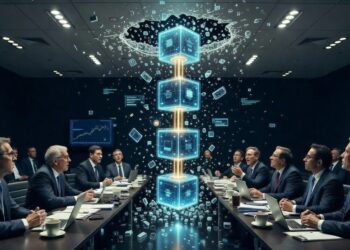 Una cadena de bloques (blockchain) hecha de vidrio transparente y luminoso que atraviesa y rompe una pared oscura de una sala de conferencias corporativa llena de ejecutivos en trajes ("adultos en la sala") sentados alrededor de una mesa.