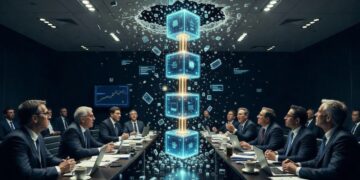 Una cadena de bloques (blockchain) hecha de vidrio transparente y luminoso que atraviesa y rompe una pared oscura de una sala de conferencias corporativa llena de ejecutivos en trajes ("adultos en la sala") sentados alrededor de una mesa.