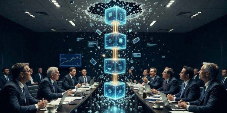 Una cadena de bloques (blockchain) hecha de vidrio transparente y luminoso que atraviesa y rompe una pared oscura de una sala de conferencias corporativa llena de ejecutivos en trajes ("adultos en la sala") sentados alrededor de una mesa.