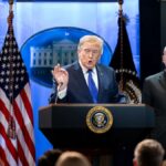 Fotografía del presidente estadounidense Donald Trump en rueda de prensa.