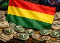 Bandera de Bolivia, con dólares alrededor y monedas de USDT. Y gráficas mixtas en el fondo.