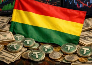 Bandera de Bolivia, con dólares alrededor y monedas de USDT. Y gráficas mixtas en el fondo.