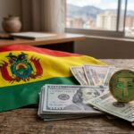 Bandera de Bolivia junto a una moneda de USDT y dólares en efectivo.