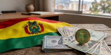 Bandera de Bolivia junto a una moneda de USDT y dólares en efectivo.