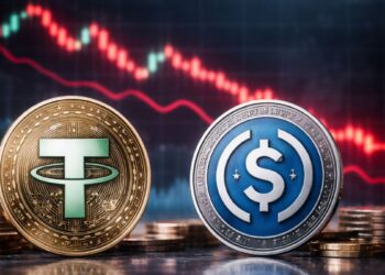 Monedas físicas de USDT y USDC frente a un gráfico financiero rojo en caída que representa una tendencia bajista en el mercado.