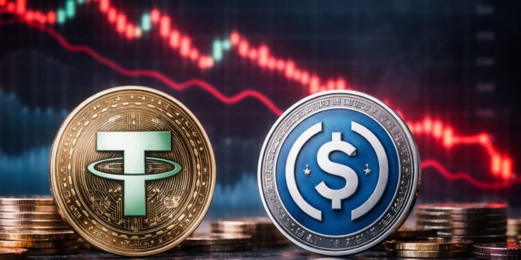 Monedas físicas de USDT y USDC frente a un gráfico financiero rojo en caída que representa una tendencia bajista en el mercado.