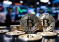 monedas físicas de bitcoin apiladas en primer plano sobre una mesa en un concurrido piso de bolsa con pantallas de gráficos bursátiles al fondo.