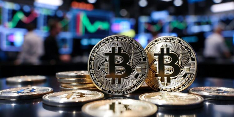 monedas físicas de bitcoin apiladas en primer plano sobre una mesa en un concurrido piso de bolsa con pantallas de gráficos bursátiles al fondo.