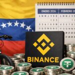 Bandera de Venezuela, con una bicicleta, el logo de Binance y monedas de USDT por montones, y de fondo un calendario que marque los meses enero, febrero y marzo de 2026.