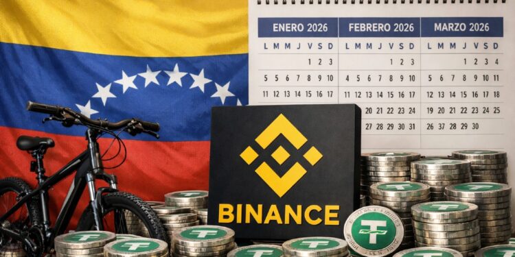 Bandera de Venezuela, con una bicicleta, el logo de Binance y monedas de USDT por montones, y de fondo un calendario que marque los meses enero, febrero y marzo de 2026.