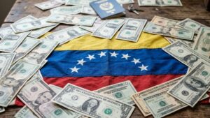 Bandera de Venezuela sobre una mesa con dรณlares alrededor.