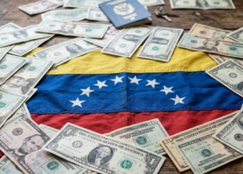 Bandera de Venezuela sobre una mesa con dólares alrededor.