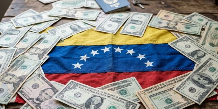 Bandera de Venezuela sobre una mesa con dólares alrededor.