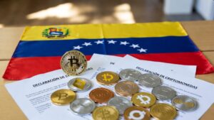 Monedas físicas de bitcoin y criptomonedas, con la bandera de Venezuela y papeles que dicen DECLARACIÓN DE CRIPTOMONEDAS.
