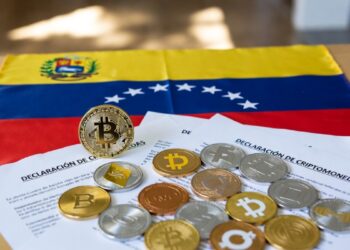 Monedas físicas de bitcoin y criptomonedas, con la bandera de Venezuela y papeles que dicen DECLARACIÓN DE CRIPTOMONEDAS.