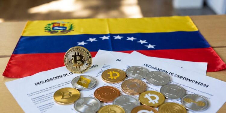 Monedas físicas de bitcoin y criptomonedas, con la bandera de Venezuela y papeles que dicen DECLARACIÓN DE CRIPTOMONEDAS.