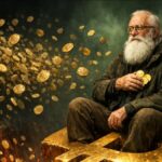 Anciano con barba blanca sentado sobre símbolo dorado de Bitcoin, sosteniendo monedas con calma mientras otras flotan sobre un abismo rojo.