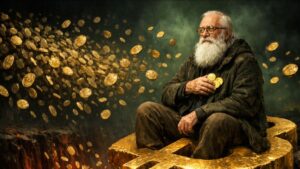 Anciano con barba blanca sentado sobre símbolo dorado de Bitcoin, sosteniendo monedas con calma mientras otras flotan sobre un abismo rojo.