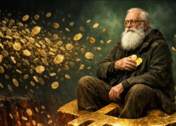Anciano con barba blanca sentado sobre símbolo dorado de Bitcoin, sosteniendo monedas con calma mientras otras flotan sobre un abismo rojo.
