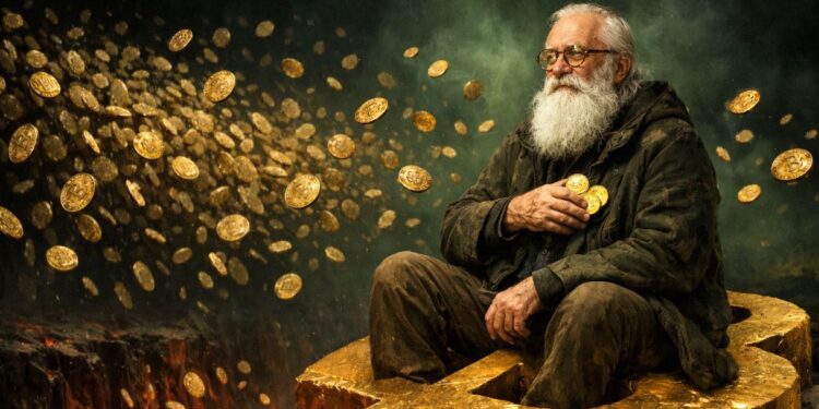 Anciano con barba blanca sentado sobre símbolo dorado de Bitcoin, sosteniendo monedas con calma mientras otras flotan sobre un abismo rojo.