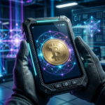 Primer plano de una billetera digital táctica y robusta sostenida por manos con guantes técnicos en un centro de datos.