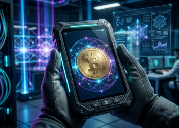 Primer plano de una billetera digital táctica y robusta sostenida por manos con guantes técnicos en un centro de datos.