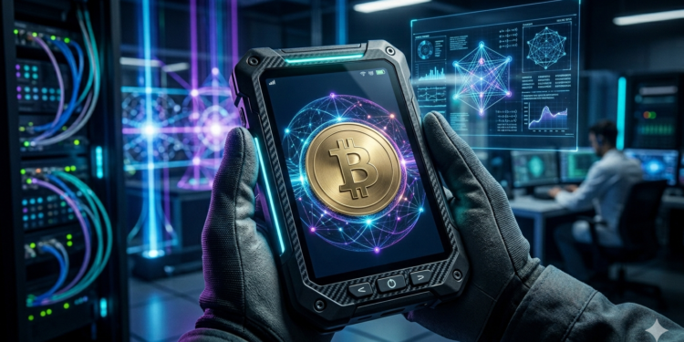 Primer plano de una billetera digital táctica y robusta sostenida por manos con guantes técnicos en un centro de datos.