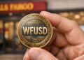 Moneda física con las letras WFUSD sostenida entre los dedos frente a una sucursal de Wells Fargo.