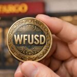 Moneda física con las letras WFUSD sostenida entre los dedos frente a una sucursal de Wells Fargo.