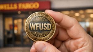 Moneda fรญsica con las letras WFUSD sostenida entre los dedos frente a una sucursal de Wells Fargo.