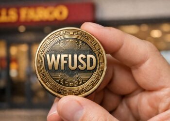 Moneda física con las letras WFUSD sostenida entre los dedos frente a una sucursal de Wells Fargo.