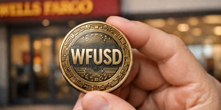 Moneda física con las letras WFUSD sostenida entre los dedos frente a una sucursal de Wells Fargo.