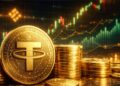 Monedas doradas de Tether (USDT) en primer plano con grรกfico de trading tipo Binance al fondo, estilo realista financiero.