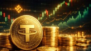 Monedas doradas de Tether (USDT) en primer plano con grรกfico de trading tipo Binance al fondo, estilo realista financiero.