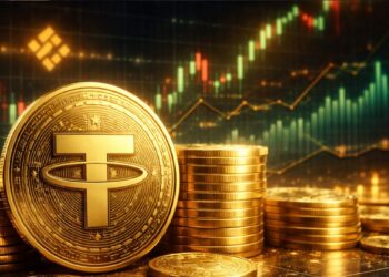 Monedas doradas de Tether (USDT) en primer plano con gráfico de trading tipo Binance al fondo, estilo realista financiero.