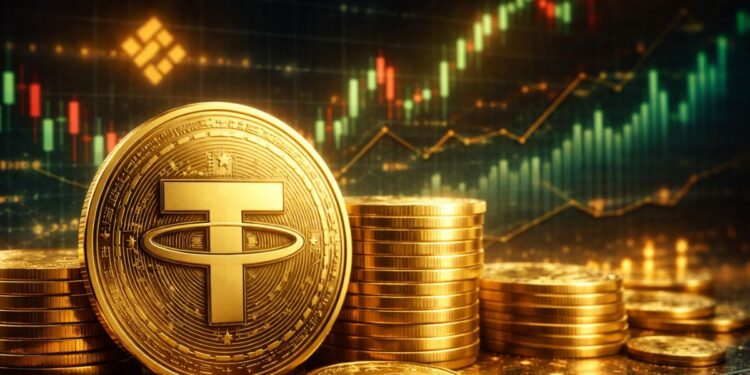 Monedas doradas de Tether (USDT) en primer plano con gráfico de trading tipo Binance al fondo, estilo realista financiero.