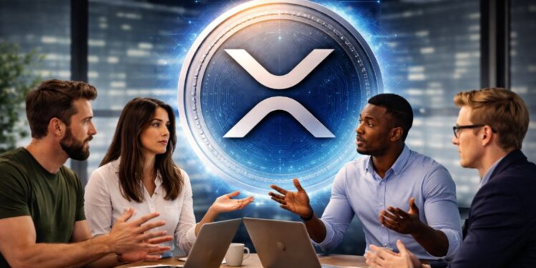 Personas debaten en una oficina que tiene una moneda física de XRP en su pared.