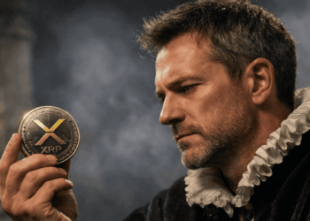 Un hombre mira atentamente una moneda física de XRP.