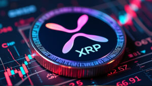 Una moneda física de XRP sobre gráficos de precio.