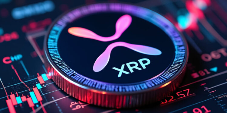 Una moneda física de XRP sobre gráficos de precio.