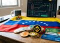 Criptomonedas distintas sobre un escritorio, con el logo de Binance, tarjetas de banco y la bandera de Venezuela.