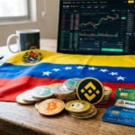 Criptomonedas distintas sobre un escritorio, con el logo de Binance, tarjetas de banco y la bandera de Venezuela.