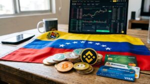 Criptomonedas distintas sobre un escritorio, con el logo de Binance, tarjetas de banco y la bandera de Venezuela.