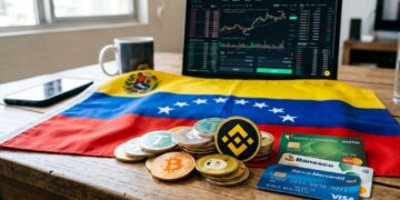 Criptomonedas distintas sobre un escritorio, con el logo de Binance, tarjetas de banco y la bandera de Venezuela.