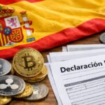 Bandera de España junto a monedas de bitcoin y otras criptomonedas, y papeles que digan "Declaración fiscal".