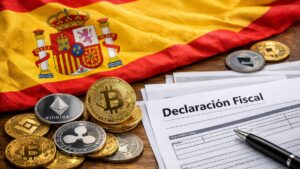 Bandera de España junto a monedas de bitcoin y otras criptomonedas, y papeles que digan "Declaración fiscal".