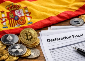 Bandera de España junto a monedas de bitcoin y otras criptomonedas, y papeles que digan "Declaración fiscal".
